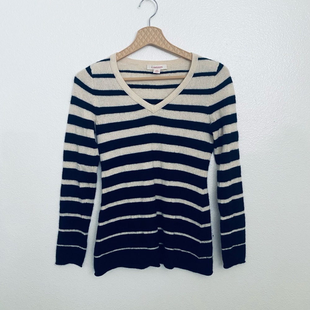 Lands' End Women's V-Neck Sweater - Black and Cream Stripes 100%cashmere